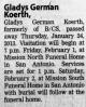 Death Notice of Gladys Carmen German Koerth