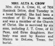 Obituary of Alta Alva Hamlin Crow